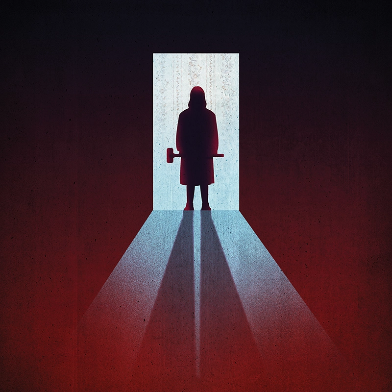 A silhouetted figure holding a sledgehammer stands in a bright doorway on the poster for Misery