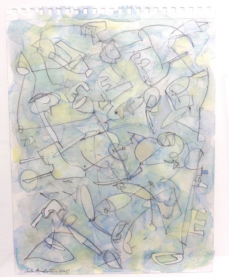 Loose charcoal outlines of floating abstract forms overlap pale blue, green and yellow watercolor washes in Carla Poindexter’s Meditation.