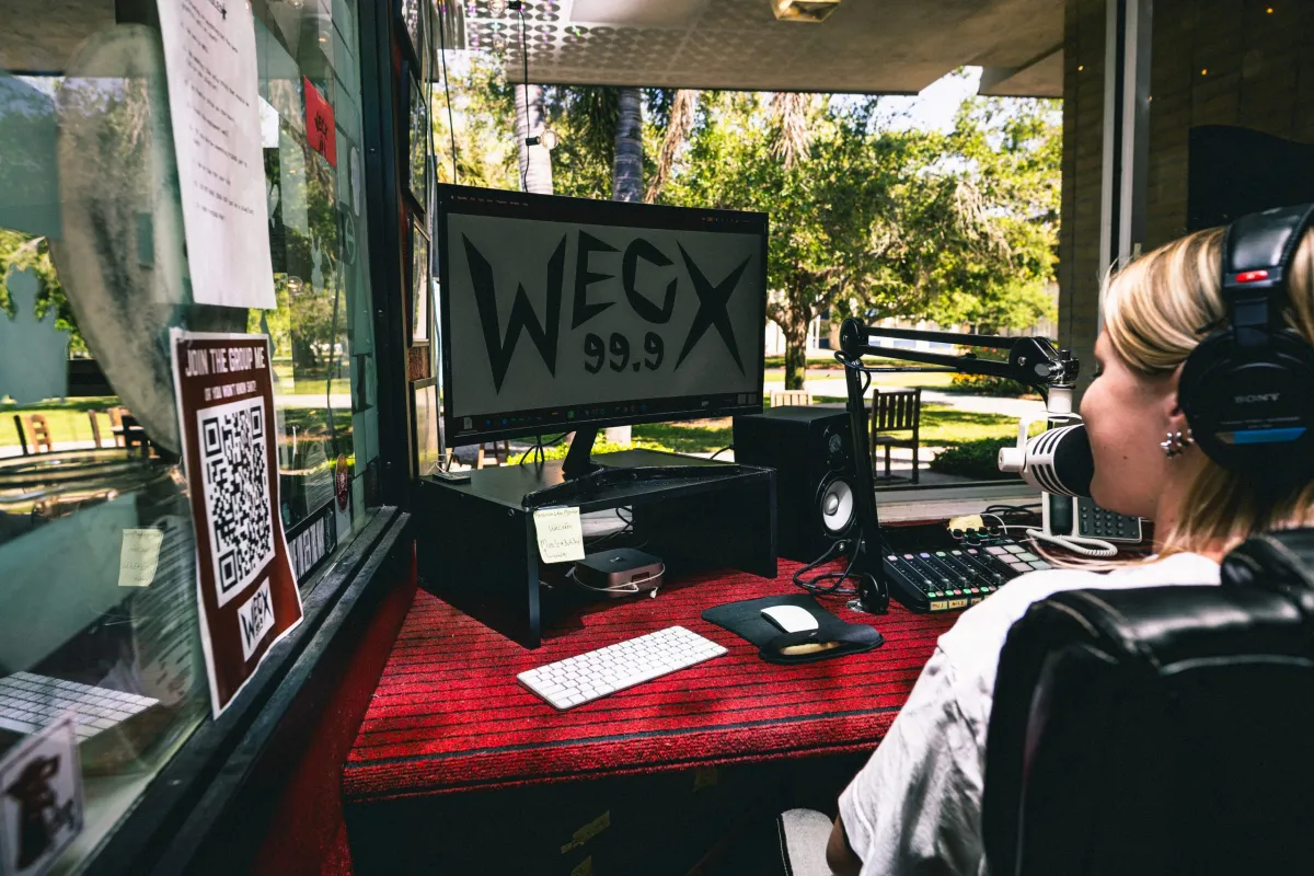 Inside the WECX student radio studio at Eckerd College