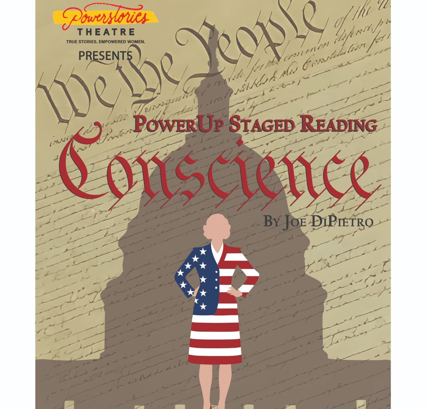 Poster art for Powerstories Theatre's Conscience, showing a woman in an American-flag suit before the silhouette of the U.S. Capitol dome.