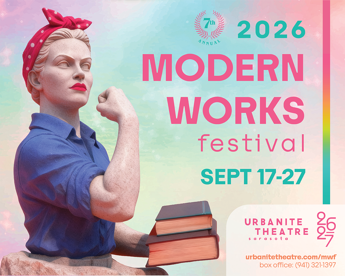 2026 Modern Works Festival show art: a Rosie the Riveter statue flexing beside a stack of books