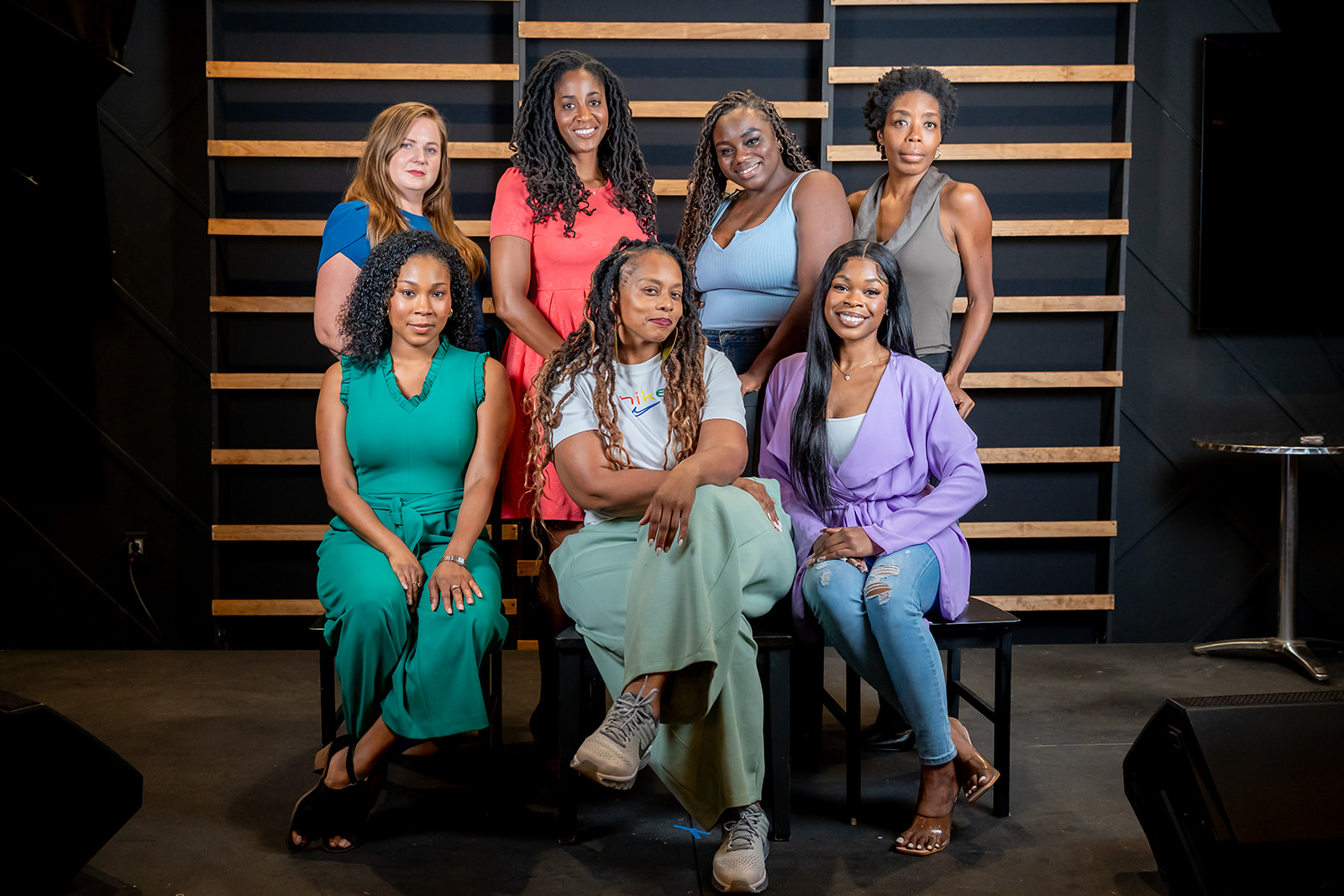 The seven-woman cast of The Wash posed together onstage at The Studio in St. Petersburg